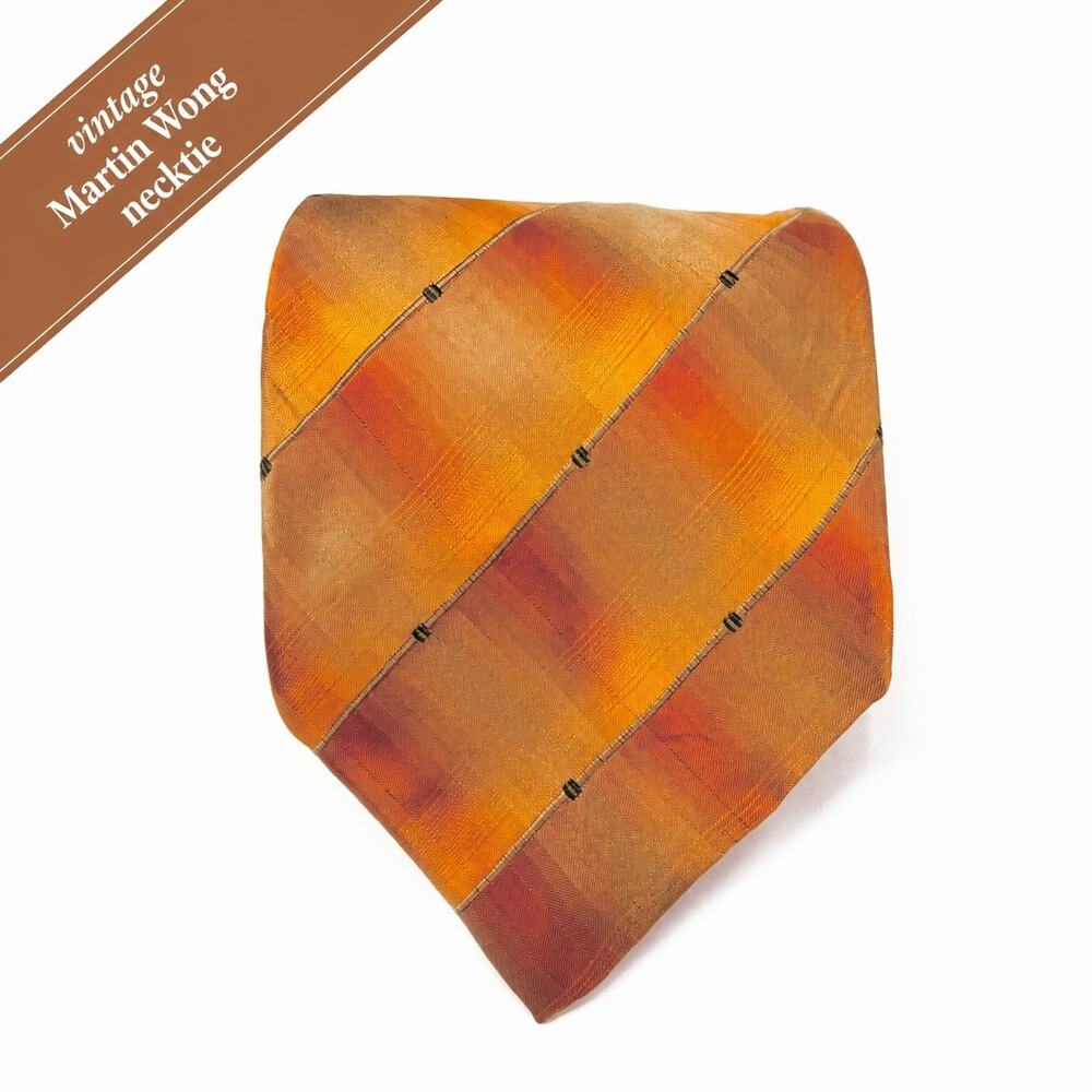 Vintage Martin Wong Silk Tie 80's-90s Gold Brown Diagonal Stripe 4" Wide Necktie
